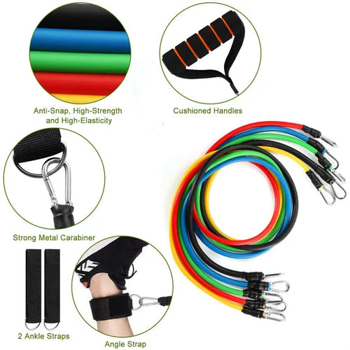 11Pcs Resistance Bands Set - Exercise Workout Tubes with Handles, Door Anchor & Carry Bag - side view
